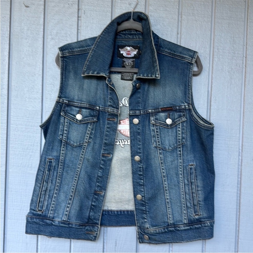 Harley-Davidson Blue Denim Jean Vest with White and Orange Logo - Picture 2 of 8